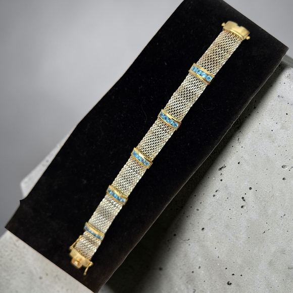 Sterling Vermeil Blue Topaz Mesh Bracelet 6.75” 925 Thailand Estate - Picture 2 of 9